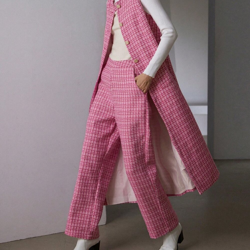 Pink Elegant Women's Tweed Long Sleeveless Cinched Waist Jacket & Pants Set - Picture 3 of 6